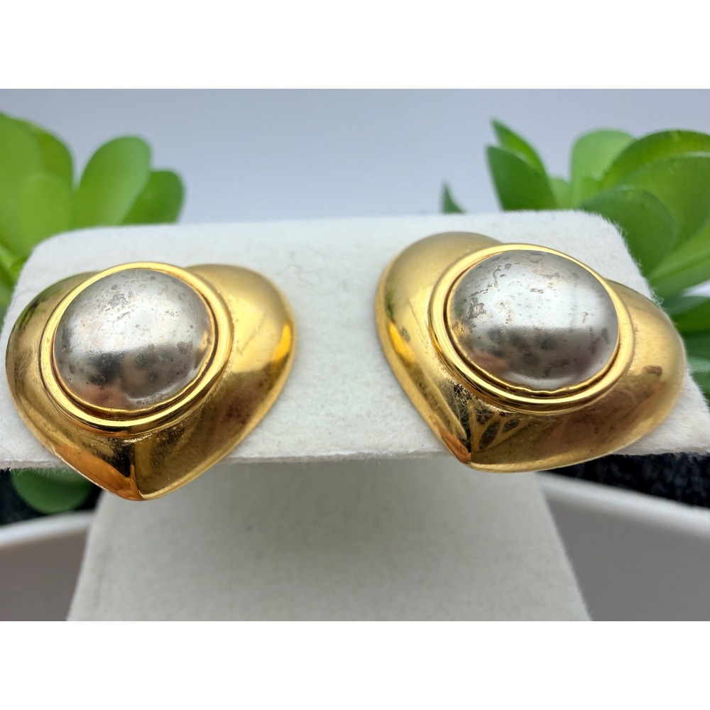Liz Claiborne Heart Earrings Women Gold Silver Two Tone Vintage LCI Studs 1990s - Picture 4 of 7